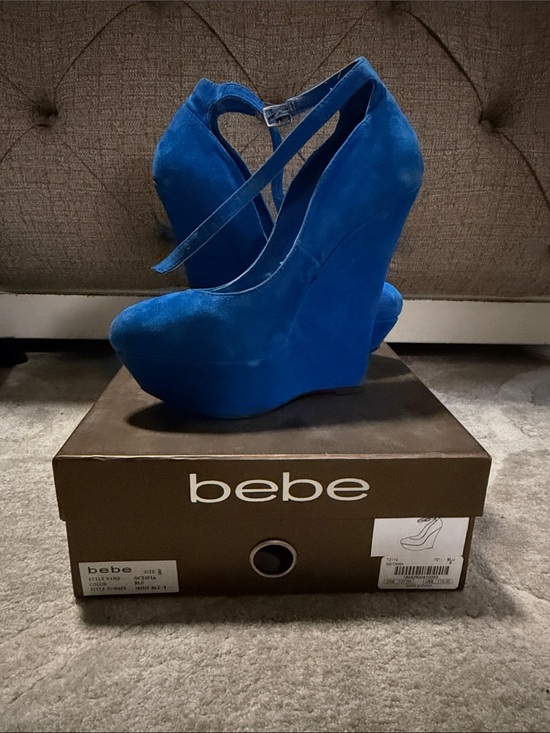 bebe Shoes - bebe Octavia Royal Blue Velvet Wedge Heels with Ankle Strap